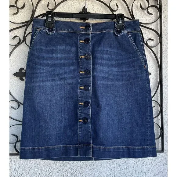 Talbots Denim Nautical Button Skirt - Size 8P - Dark Blue wash Blue