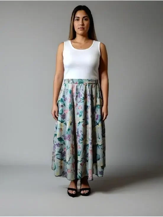Liz Sport Vintage Floral Green Skirt Maxi Sz L Boho Spring Summer w Pockets