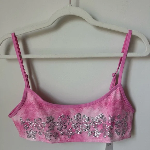 Frankie's Bikinis Hibiscus Pink Rhinestone Y2K vibe Bikini Top