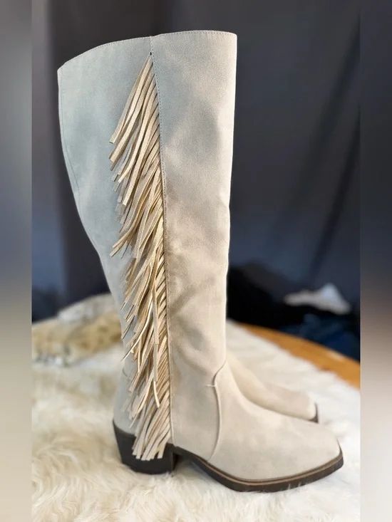 NEW!! Fringe Knee-High Western Boots in Light Beige