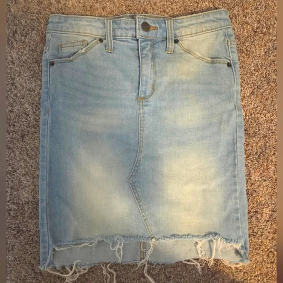 Light Blue Denim Skirt with Frayed Hem