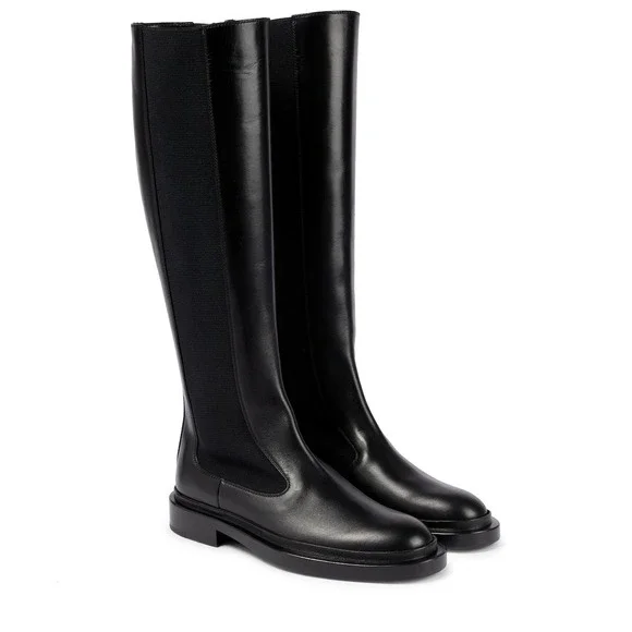 Jil Sander Black Leather Knee High Boots Elastic Sides‎ 39.5 New w/Imperfections