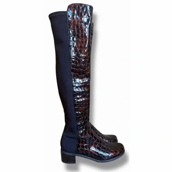 Stuart Weitzman Reserve Over The Knee Boots Croc Embossed Patented Leather