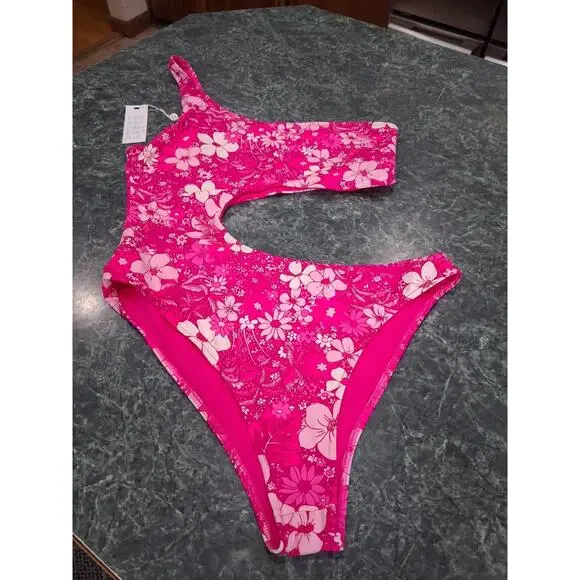 Frankies Bikinis Cash One Shoulder One Piece Swimsuit Womens SZ L Pink Floral