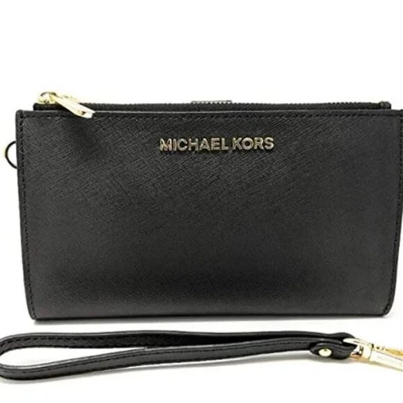 Michael Kors Jet Set Travel Double Zip Wristlet Black Saffiano Wallet Leather