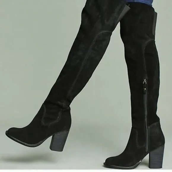 Kelsi Dagger Brooklyn Logan Over The Knee Boots Black Suede Stacked Heel Sz 9.5