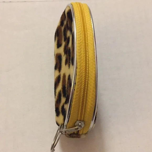 Vintage Leopard Print Velvet Coin Purse Lemon Yellow Zipper Zip Pouch Key Pull