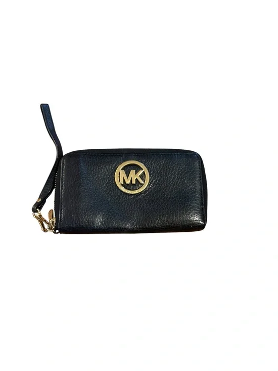 Michael Kors Black Leather Zip Wristlet with Gold MK Emblem