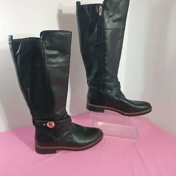 Tommy Hilfiger Womens SZ 9.5M Black Leather Knee-High Riding Boots With Zipper .
