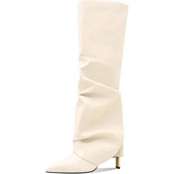 Women's White Knee High Fold Over Wide Calf Pointed Toe Long Heel Boot