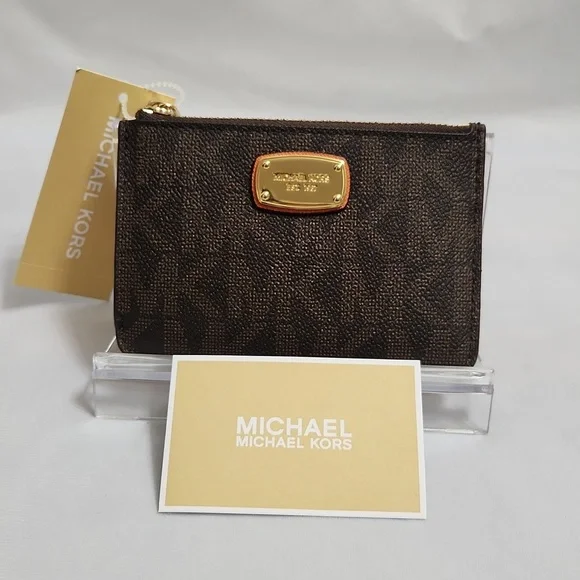 Michael Kors Jet Set Small Brown Tangerine Coinpouch w ID Holder Wallet