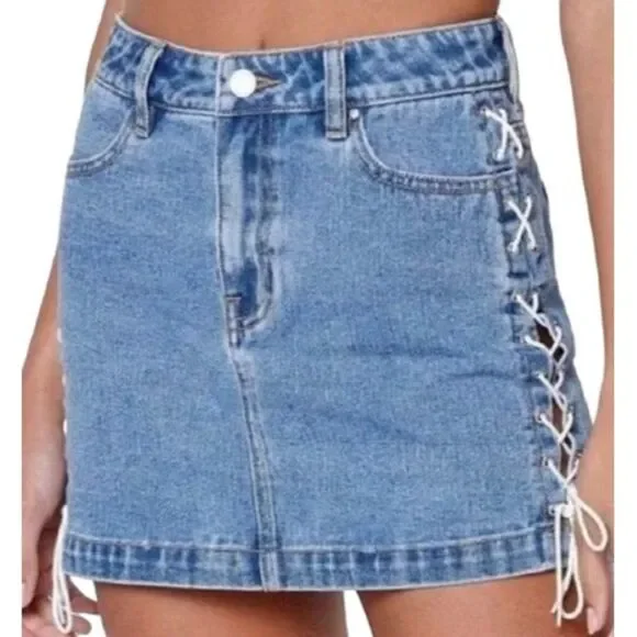 Pacsun Jean Mini Skirt Size 25 Womens Blue Denim Lace‎ Up High Rise Waist Casual