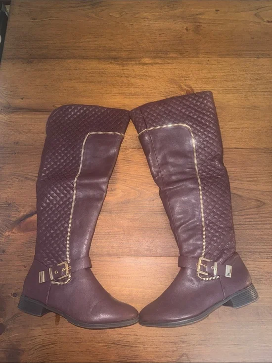 Quilted Over-the-Knee Riding Boots in Burgundy with Gold Accents