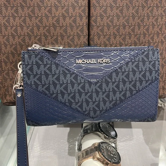MICHAEL KORS JST LG DOUBLE ZIP WRISTLET WALLET PHONE HOLDER Navy Multi NWT