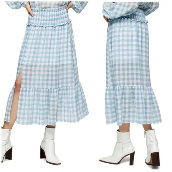 Topshop Blue Gingham Smocked Tiered Midi Skirt 4