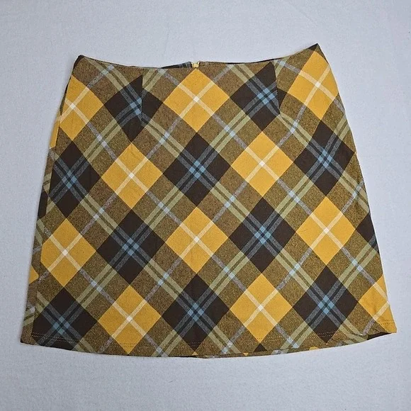 Altar'd State Skirt L Yellow Brown‎ Blue Plaid Checkered Pattern Mini Tweed Clue