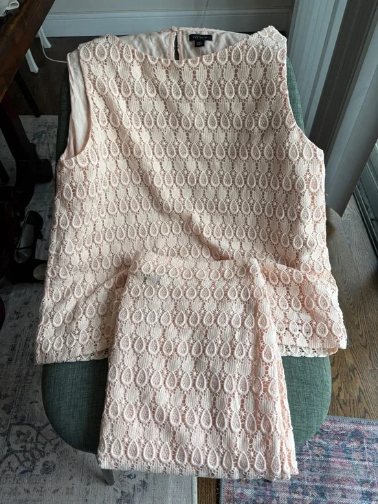 Ann Tayler womens pencil skirt tank top lace set Blush peach Sleeveless XLT NWT
