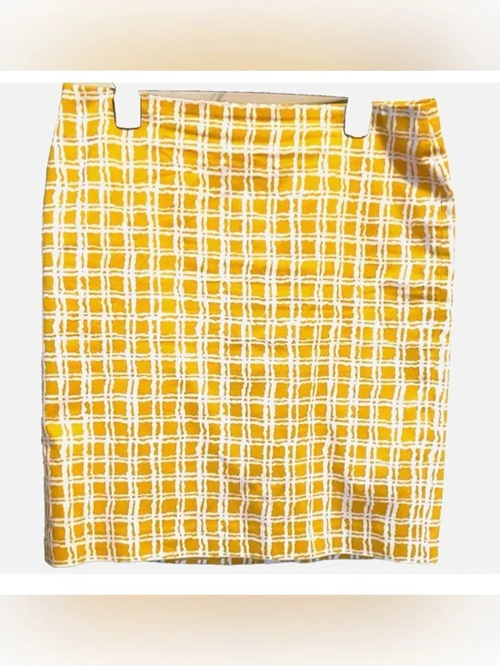 Talbots Petites Yellow White Plaid Pencil Skirt Size 12P Cotton Lined