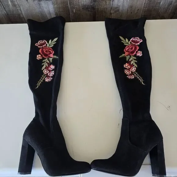 Steve Madden Mozee Black Faux Suede Embroidered Rose Over The Knee Boots 7.5 NWO