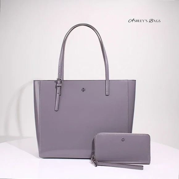 Tory Burch Large Patent Leather Emerson Tote & Continental Wristlet Wallet Grey
