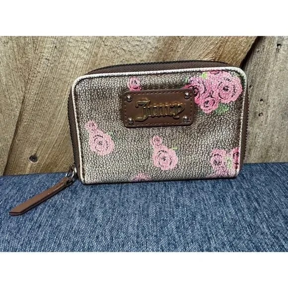 Juicy Couture Pink Bloom Brown Furget Me Not Faux Leather Change Purse Card Hold