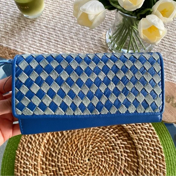 💙 GENUINE LEATHER BLUE SAGE GREY WOVEN WALLET!