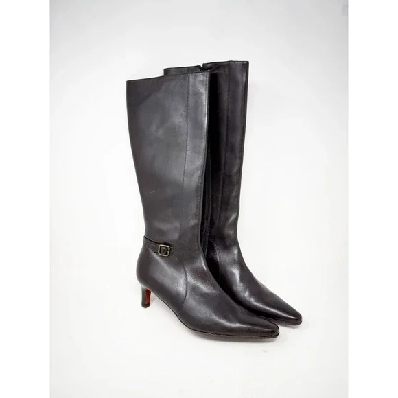 Ralph Lauren Y2K Leather Knee High‎ Boots Pointed Toe Kitten Heel Black Size 8 B