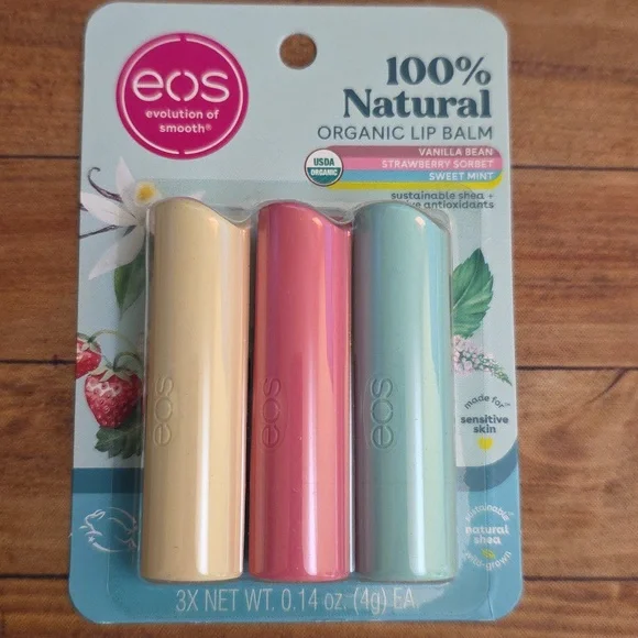 eos Organic Lip Balm Trio 3-Pack - Vanilla, Strawberry, Mint 100% Natural