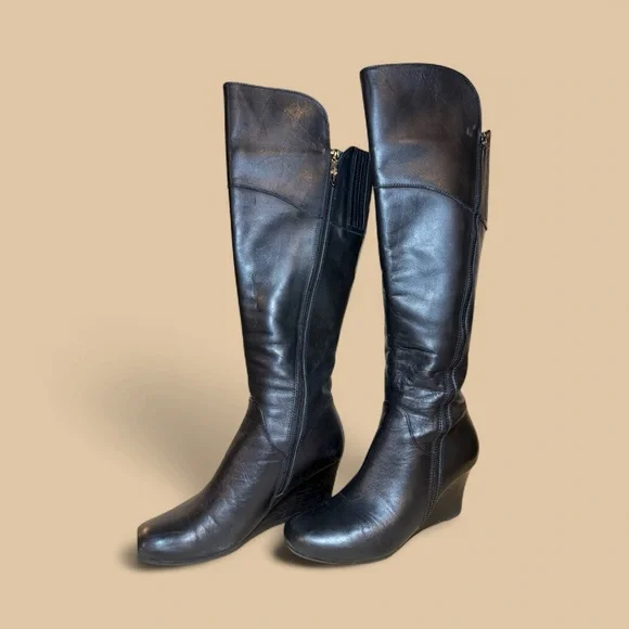 Sleek Black‎ Leather Over the Knee Wedge Boots