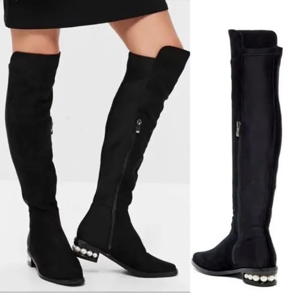 CATHERINE MALANDRINO Black Vegan Suede Over the Knee Pearl Heel Boot 7.5