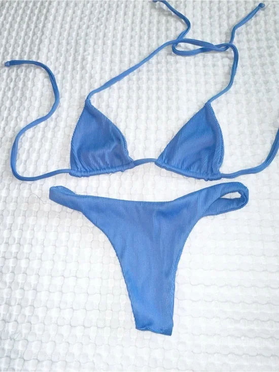 Frankie's Bikinis Light Blue Ribbed Triangle Bikini Set