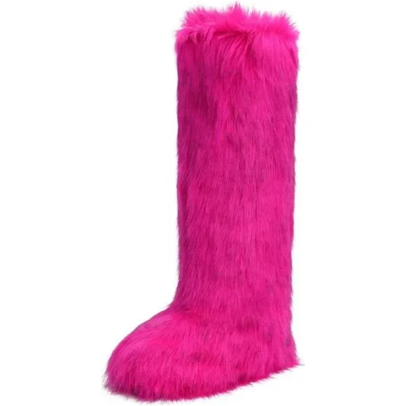 Women's Faux Fur Boots Knee-High Furry Snow Boots Fluffy Warm Winter Boots