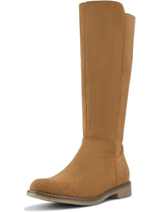 Women's Brown Suede Knee High Boots Flat Low Heel with Side Zipper