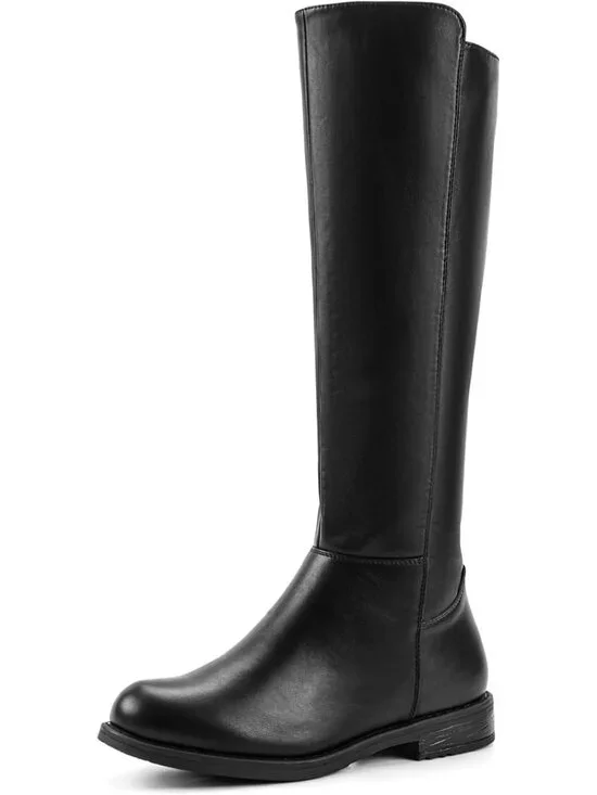 Women's Black pu Knee High Boots Flat Low Heel with Side Zipper