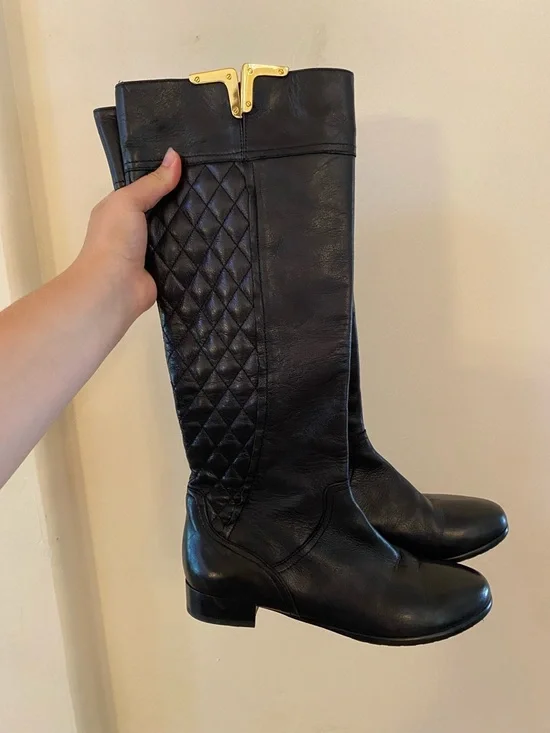 Napoleoni Italian Black Leather Quilted Knee High Boots Size 37