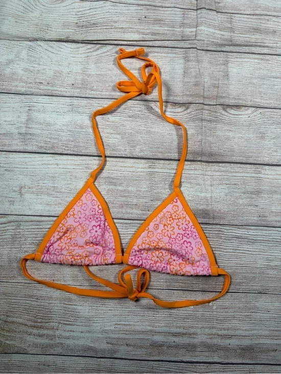 Frankie's Bikinis Orange Trim Pink Floral Cape May Triangle Bikini Top