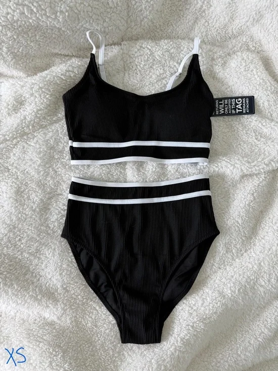 NWT Black High-Waist Bikini Set with White Trim
