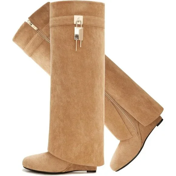 Women's Beige- Suede Pointy Fold Over Wedge Knee Side Zipper Padlock Boot Heel