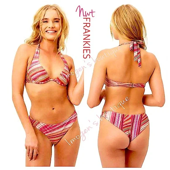 NWT FRANKIES shimmy pink gold red high leg underwire bandeau cheeky M TOP S BOT