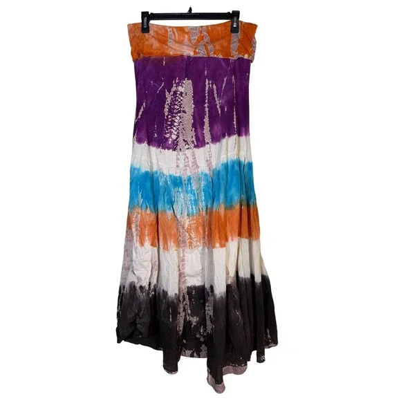 Solitaire Tie Dye Maxi Skirt Womens Large Multi Color Boho Festival Bleached Art