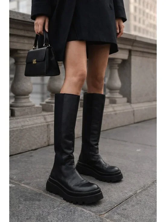 ZARA Black Leather Knee High Boots Chunky Platform Lug Sole Pull On Women Sze 41