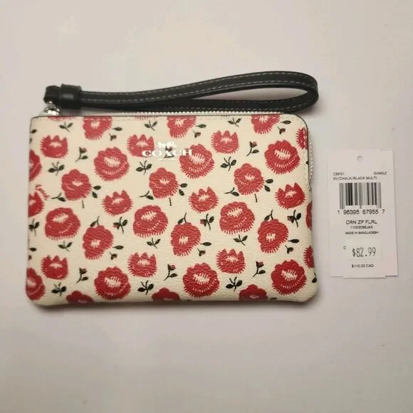 Coach Corner Zip Wristlet With Floral Print In Canvas/Silver/Chalk Multi CBP21