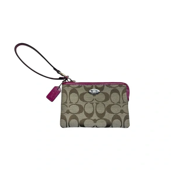 Coach Corner Zip Wristlet in Signature Canvas Khaki and Hot Pink Y2K 2000’s