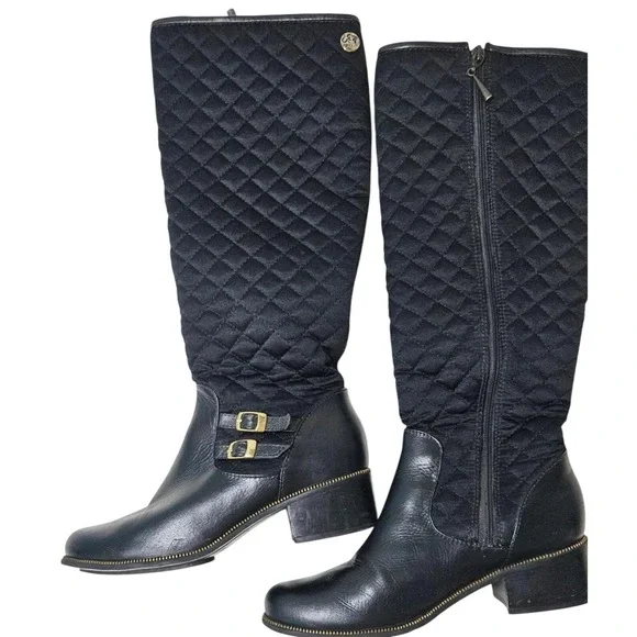 Opposite Black Quilted Leather Knee High Riding Boots Size 37 Buckle Detail Zip