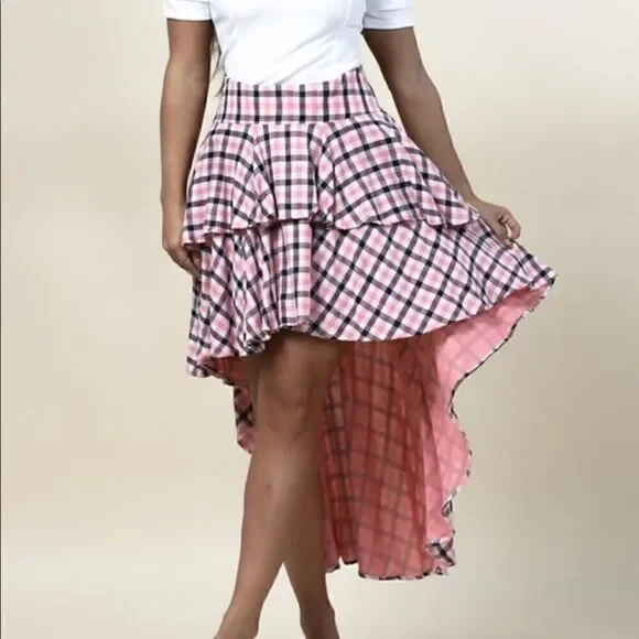 Coral Plaid High Low Skirt
