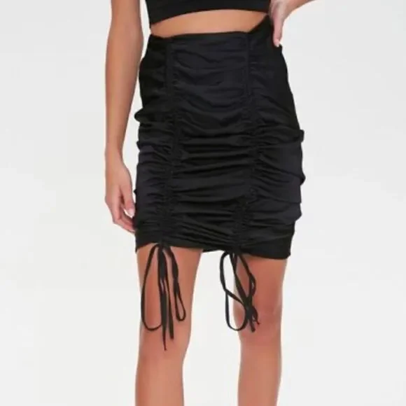 Forever 21 Black Ribbed Double Ruched Tied Bodycon Mini Tube Skirt Size L