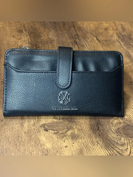 Christian Lacroix Black Pebbled Leather Wallet Clutch with Silver Emblem