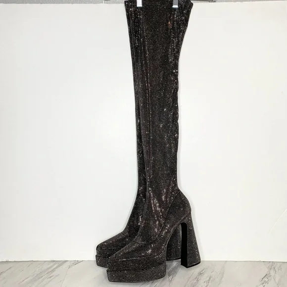 Steve Madden Sultry Rhinestone Thigh High Pointy Toe Platform Heeled Boot 8 1/2
