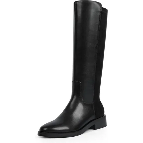 Women Polyurethane Stretch-black Round Toe Flat Heel Side Zipper Knee High Boots