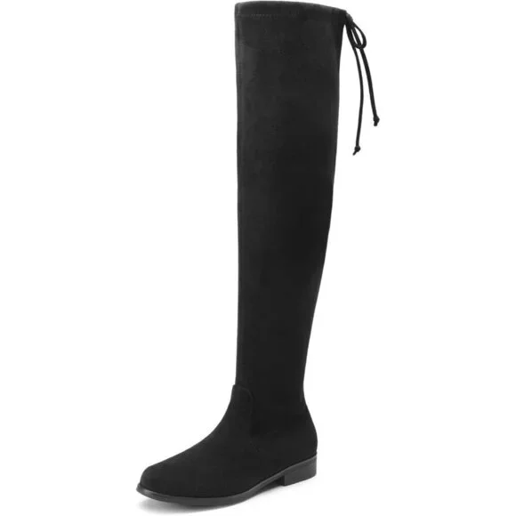 Women's Black-suede Thigh High Low Block Heel Casual Fashion Over the Knee Boots